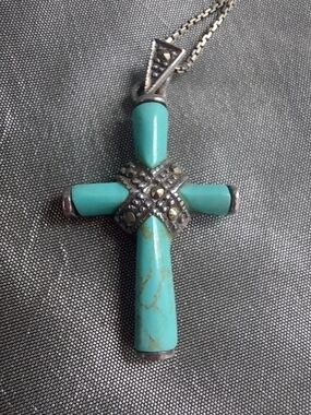 Turquoise Sterling 925 Silver Cross Pendant Necklace 18"